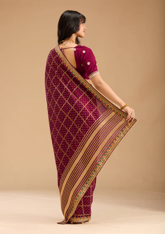 Wine Soft Raw Silk Bandhej Gold Zariwork Saree With Matching Blouse Piece - Image 3