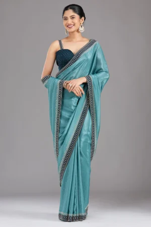 Sea Green Satin Gold Stonework Saree With Matching Blouse Piece