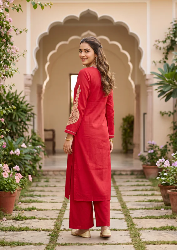 Red Art Silk Cording Straight Kurta With Pant Regular And Dupatta - Image 3
