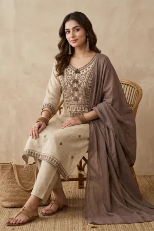 Beige Brown Cotton Threadwork Straight Kurta With Pant Regular And Dupatta