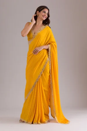 Mustard Crepe Mirrorwork Saree With Matching Blouse Piece