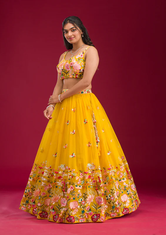 Yellow Threadwork Tissue Readymade Lehenga - Image 3